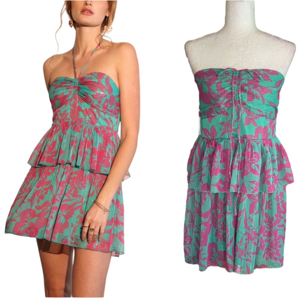 Adelyn Rae Green Pink Floral Print Tiered Ruched Halter Strapless Mini Dress - M